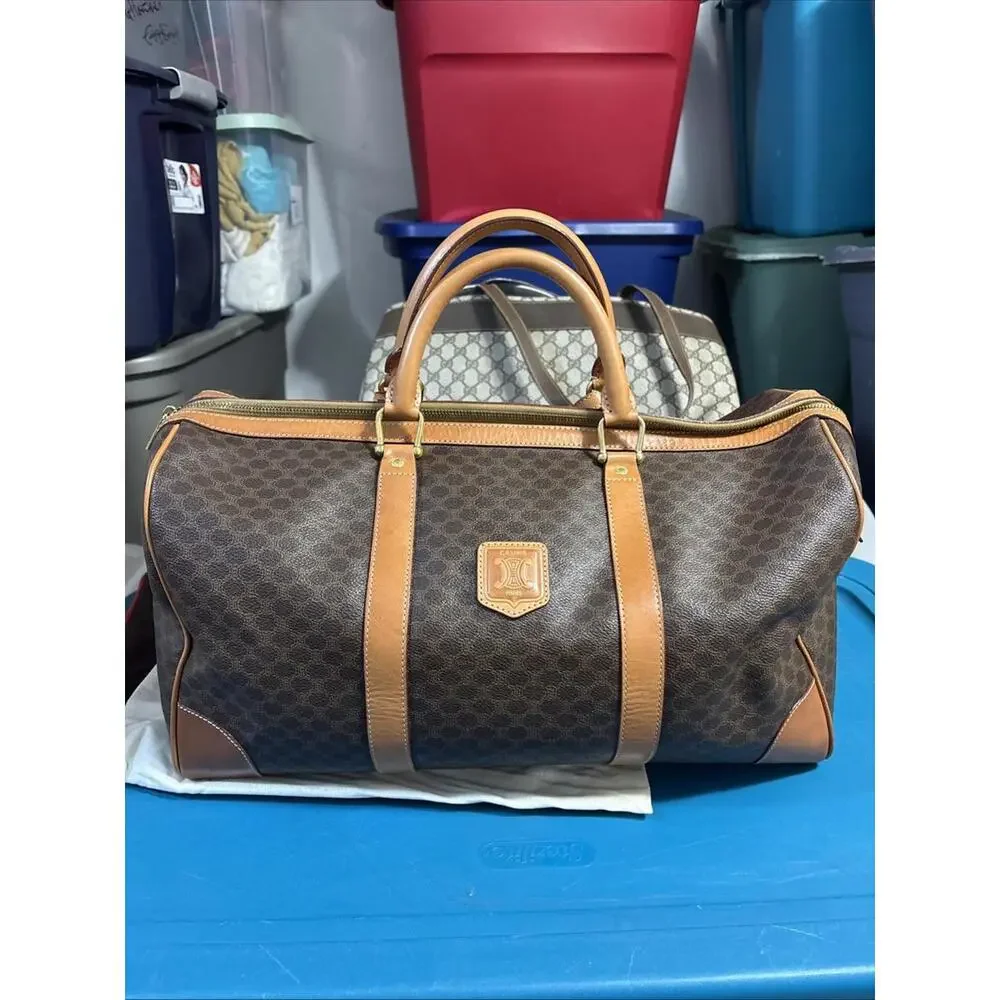 Vintage 90's CELINE Travel Boston Bag Macadam Brown Beige PVC Leather Excellent - Picture 1 of 16